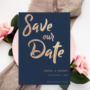 Navy Rose Gold Typography Save The Date Card