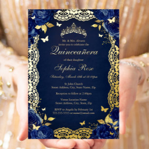 Navy Rose Lace Butterfly Quinceanera Birthday 