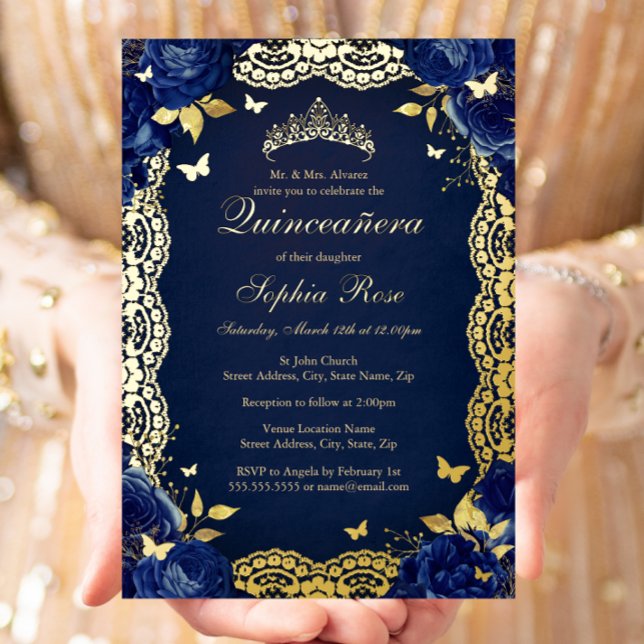Navy Rose Lace Butterfly Quinceanera Birthday  (Creator Uploaded)