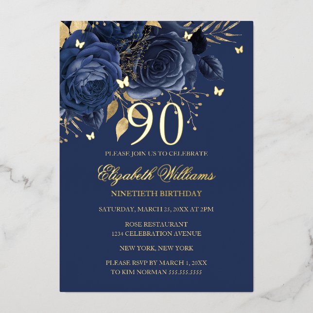 Navy Rose Sparkling Butterfly 90th Birthday  (Front)