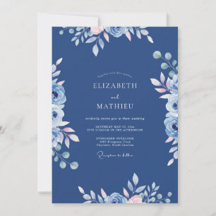 Navy Rose Watercolor Floral Wedding Invitation