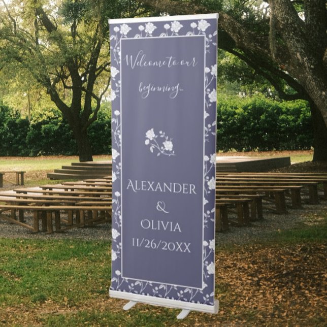 Navy Rose Wedding Retractable Banner (Navy Rose Wedding Welcome Banner)