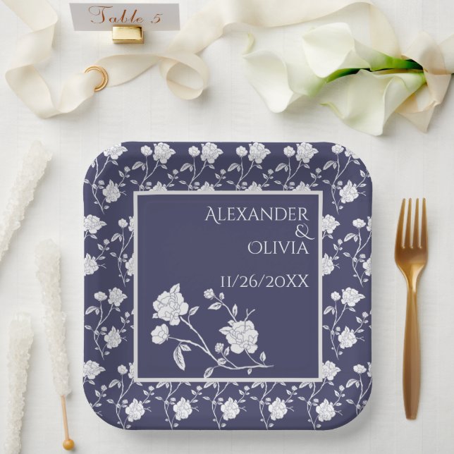 Navy Rose Wedding Shower Paper Plates (Wedding)