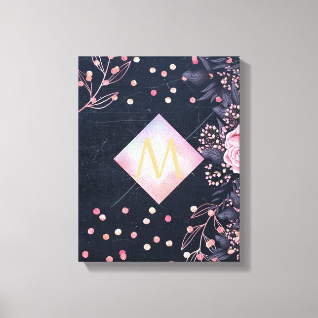 Navy Rosegold Monogram Gifts Girly Floral Pink Canvas Print (Front)