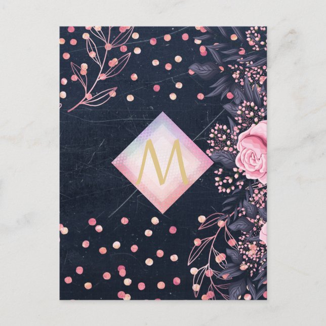 Navy Rosegold Monogram Gifts Girly Floral Pink Postcard (Front)