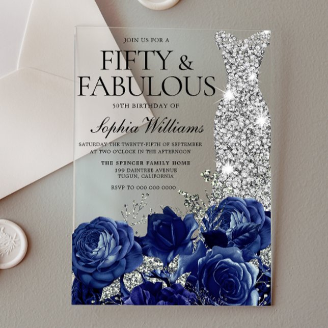 Navy Roses Diamond Gown 50th Birthday Party Acrylic Invitations (Creator Uploaded)