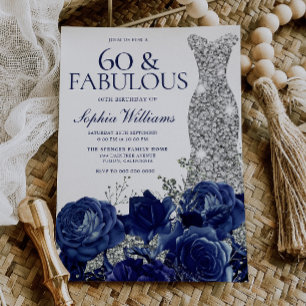 Navy Roses Diamond Gown Womans  60th Birthday Invitation