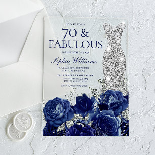 Navy Roses Diamond Gown Womans 70th Birthday Acrylic Invitations