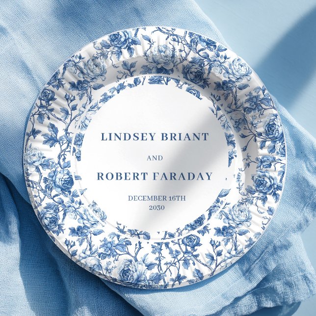 Navy Roses Floral Chic Wedding Paper Plates (French toile de jouy roses,
Luxurious navy flowers paper plates,
dusty Blue flowers botanical garden)