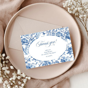 Navy Roses Floral Elegant Wedding Thank You Card