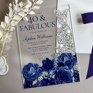 Navy Roses Silver Dress 40th Birthday Acrylic Invitations