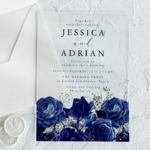 Navy Roses & Silver Elegant Wedding Acrylic Invitations
