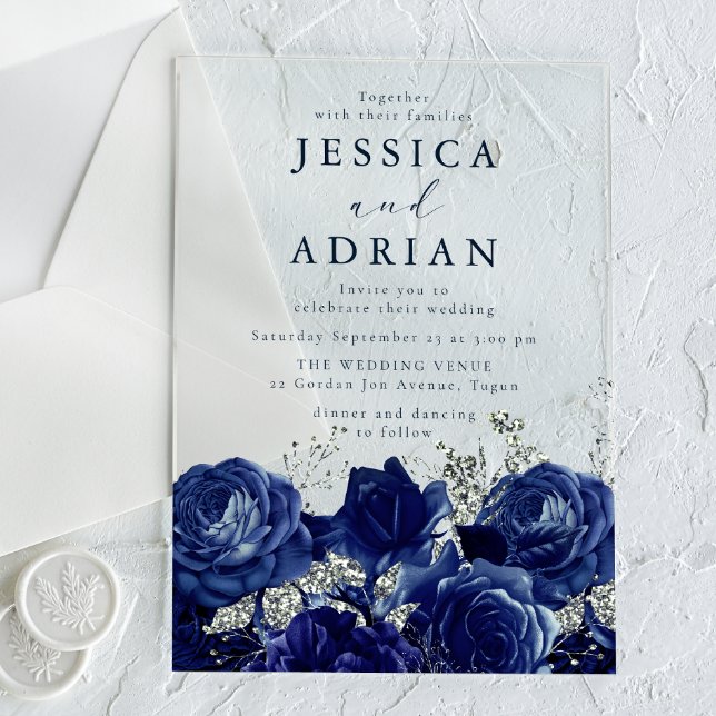 Navy Roses & Silver Elegant Wedding Acrylic Invitations (Creator Uploaded)