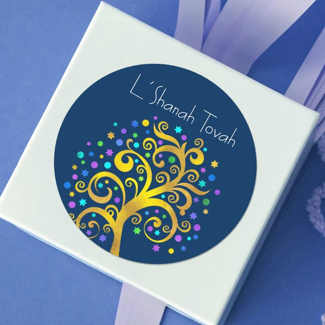 Navy Rosh Hashanah Gold Foil Tree of Life Modern Classic Round Sticker (Creator Uploaded)