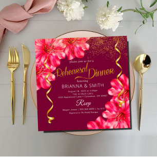 Navy Rosy Floral Calligraphy Rehearsal Dinner Invitation