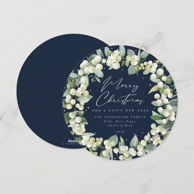 Navy Round Snowberry+Eucalyptus Christmas Wreath Holiday Card (Front/Back)