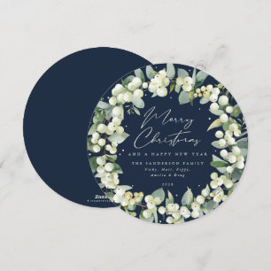 Navy Round Snowberry+Eucalyptus Christmas Wreath Holiday Card