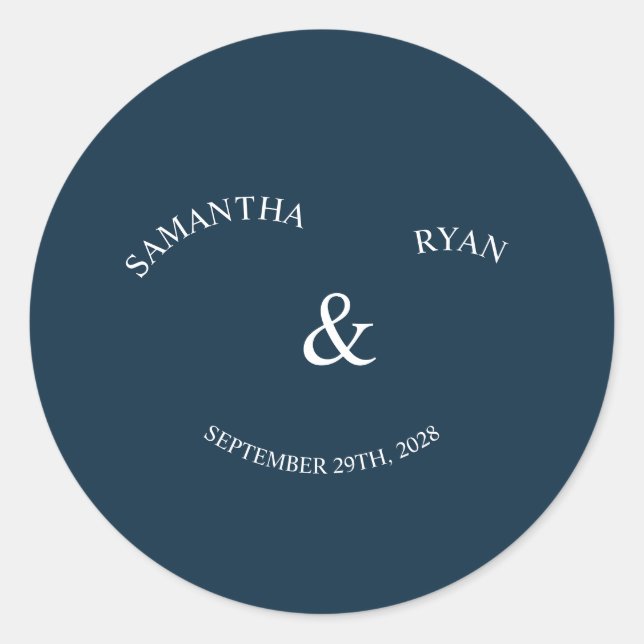 Navy Round Wedding Sticker with Circular Names  (Front)