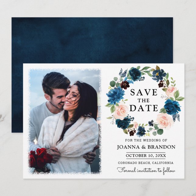 Navy Royal Blue Blush Floral Save the Date Invitation (Front/Back)