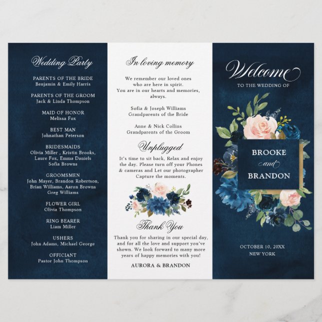 Navy Royal Blue Blush Pink Floral Tri-fold Program (Front)