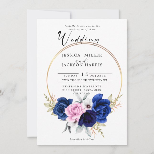 Navy | Royal Blue Blush Pink Floral Wedding  Invitation (Front)