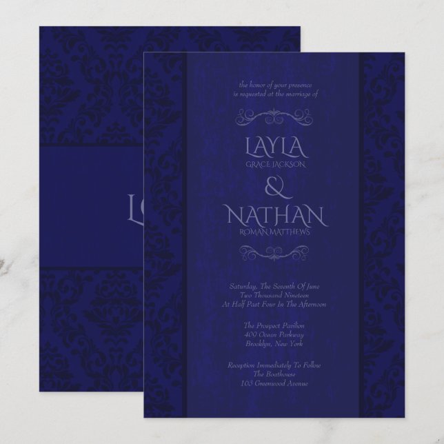 Navy & Royal Blue Damask Wedding Invitations (Front/Back)