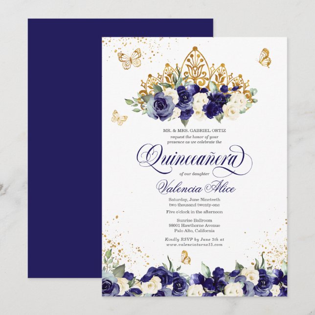 Navy Royal Blue Floral Tiara Butterfly Quinceanera Invitation (Front/Back)