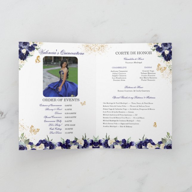 Navy Royal Blue Floral Tiara Butterfly Quinceanera Programme (Inside)