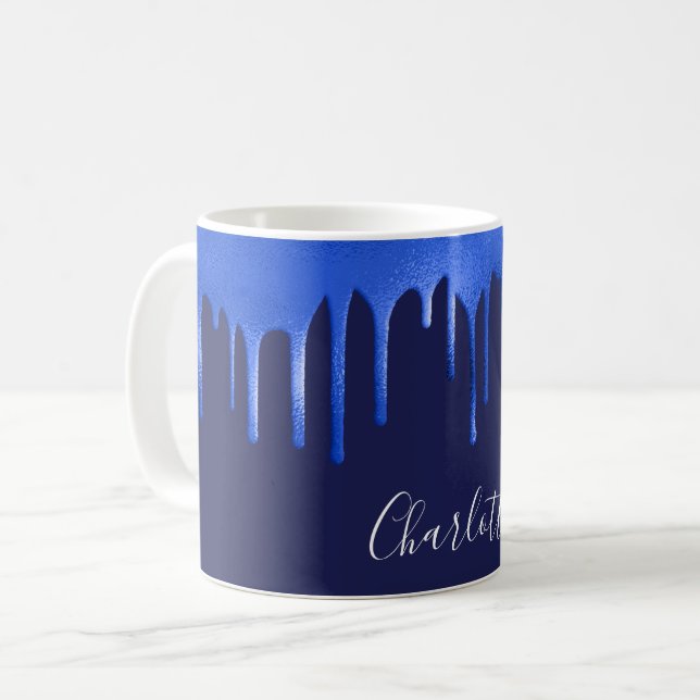 Navy royal blue glitter drips name script coffee mug (Front Left)