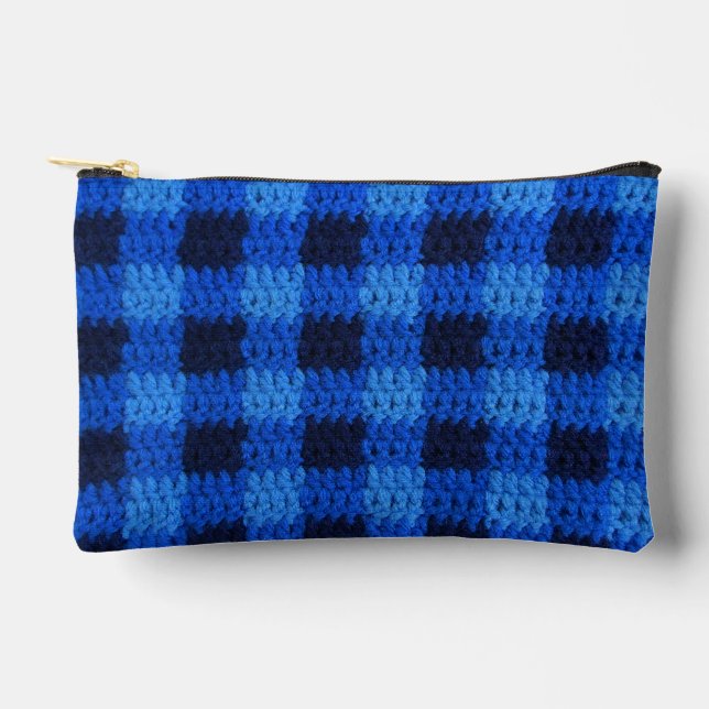 Navy Royal Blue Shades Plaid Artisan Crochet Print Accessory Pouch (Front)