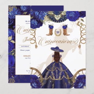 Navy Royal Blue Western Charro 2-Sided Quinceanera Invitation