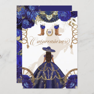 Navy Royal Blue Western Charro 2-Sided Quinceanera Invitation