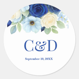 Navy Royal Bue Wedding Watercolor Ivory Flowers Classic Round Sticker