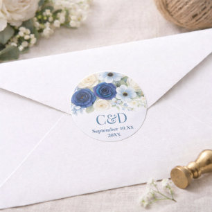 Navy Royal Bue Wedding Watercolor Ivory Flowers Classic Round Sticker