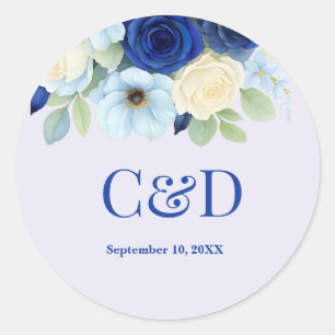 Navy Royal Bue Wedding Watercolor Ivory Flowers Classic Round Sticker
