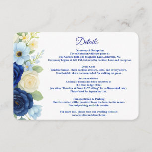 Navy Royal Bue Wedding Watercolor Ivory Flowers Enclosure Card