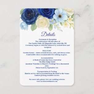 Navy Royal Bue Wedding Watercolor Ivory Flowers Enclosure Card
