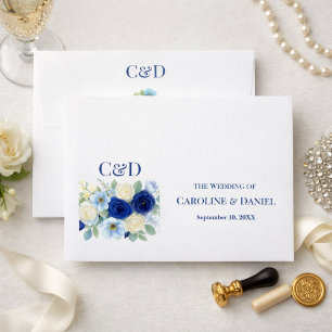 Navy Royal Bue Wedding Watercolor Ivory Flowers Envelope
