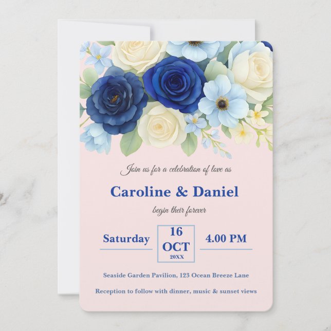 Navy Royal Bue Wedding Watercolor Ivory Flowers Invitation (Front)