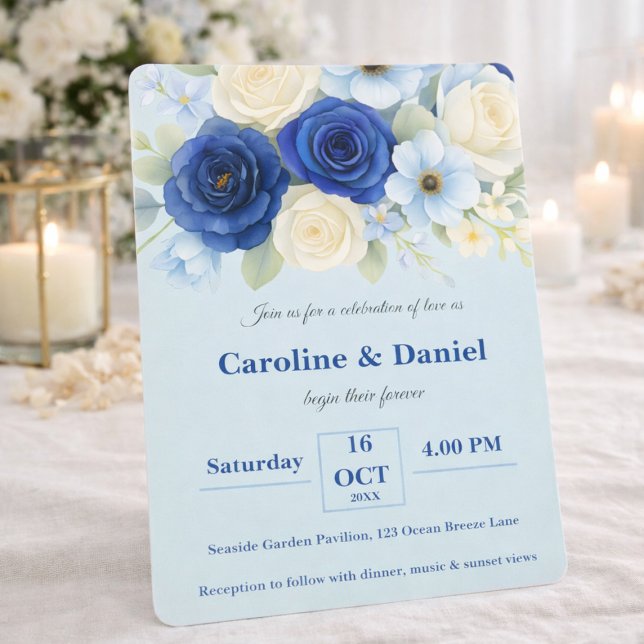 Navy Royal Bue Wedding Watercolor Ivory Flowers Invitation (Creator Uploaded)