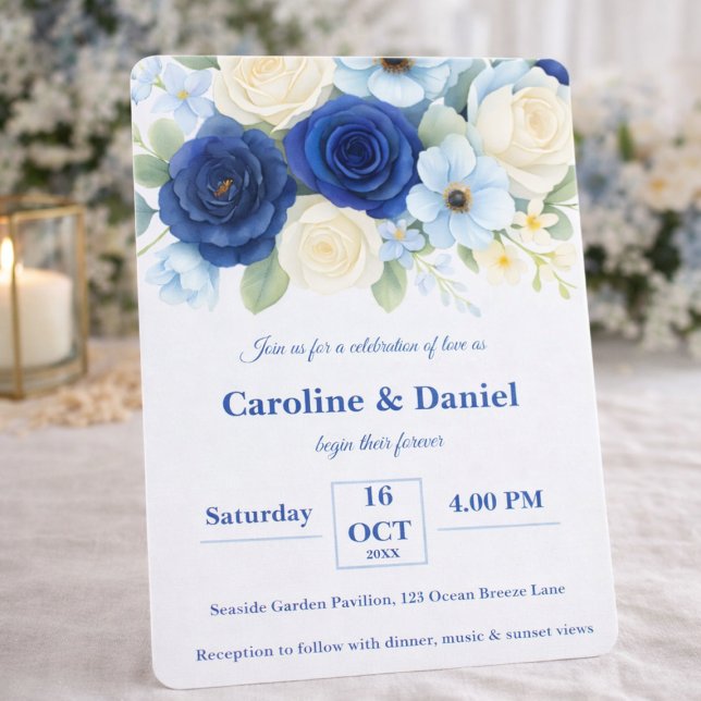 Navy Royal Bue Wedding Watercolor Ivory Flowers Invitation (Creator Uploaded)