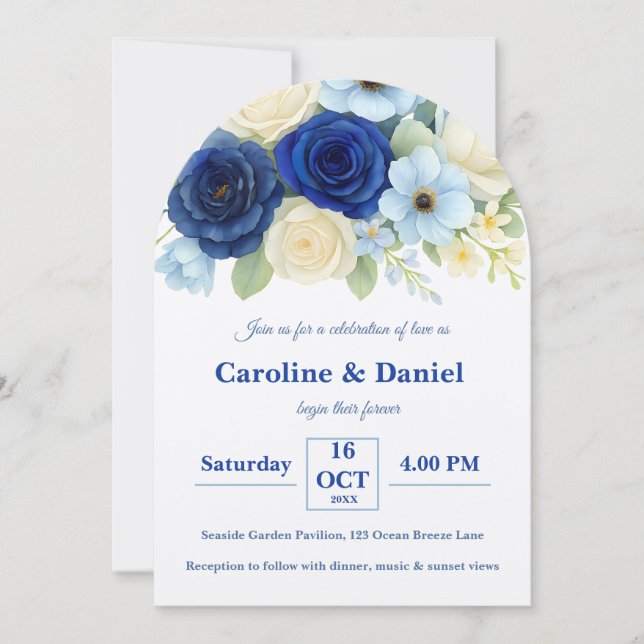 Navy Royal Bue Wedding Watercolor Ivory Flowers Invitation (Front)