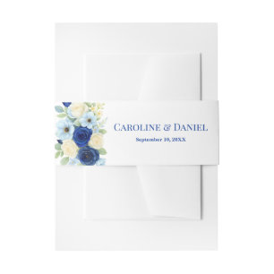 Navy Royal Bue Wedding Watercolor Ivory Flowers Invitation Belly Band