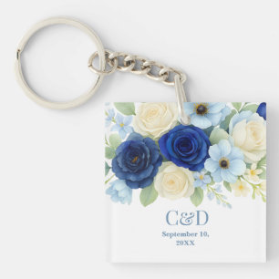 Navy Royal Bue Wedding Watercolor Ivory Flowers Key Ring