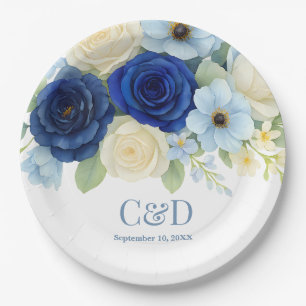 Navy Royal Bue Wedding Watercolor Ivory Flowers Paper Plate