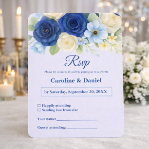 Navy Royal Bue Wedding Watercolor Ivory Flowers RSVP Card