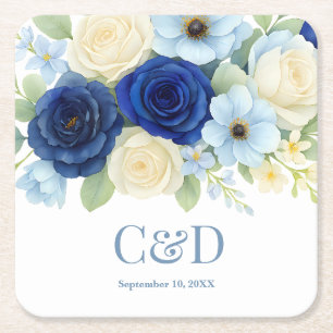 Navy Royal Bue Wedding Watercolor Ivory Flowers Square Paper Coaster