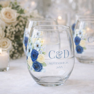 Navy Royal Bue Wedding Watercolor Ivory Flowers Stemless Wine Glass