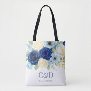 Navy Royal Bue Wedding Watercolor Ivory Flowers Tote Bag