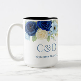 Navy Royal Bue Wedding Watercolor Ivory Flowers Two-Tone Coffee Mug
